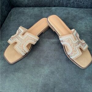 Madden Girl Tan Beaded Slide Mules size 8.5 Bohemian Sequins